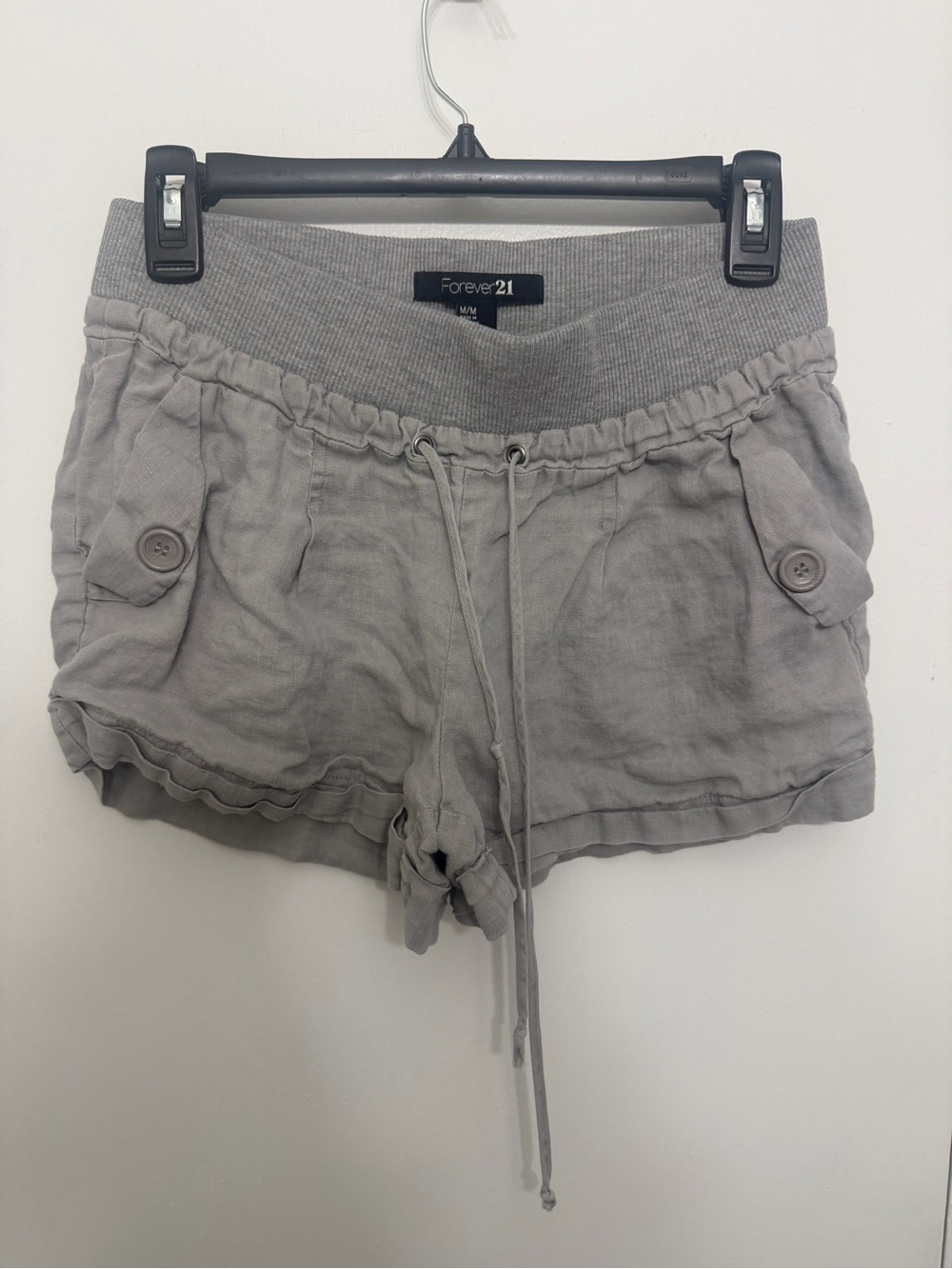 Forever 21 Light Gray Ribbed-Waist Linen-Blend Women’s Shorts